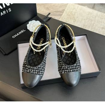 Chanel Tweed Ballet Flats with Pearls Anklet Black 2024 0603 (KL-240603003)