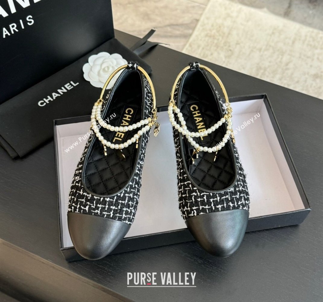 Chanel Tweed Ballet Flats with Pearls Anklet Black 2024 0603 (KL-240603003)