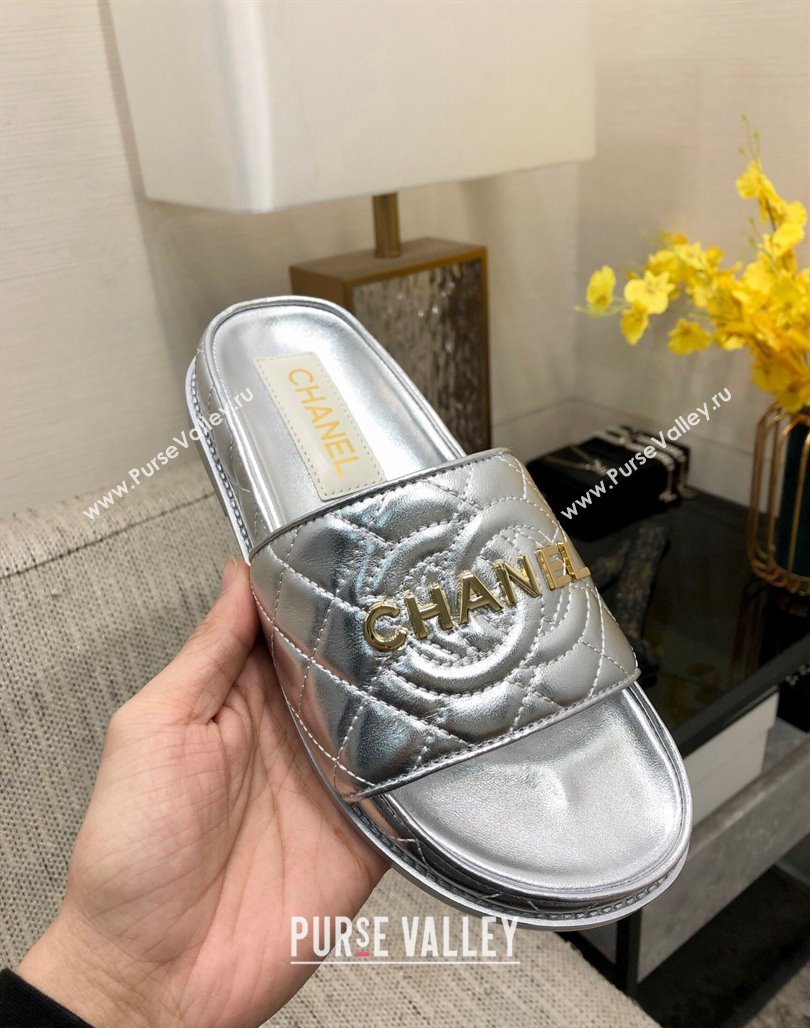 Chanel Quilted Lambskin Flat Slide Sandals with CC and Signature Silver 2024 (MD-240601007)