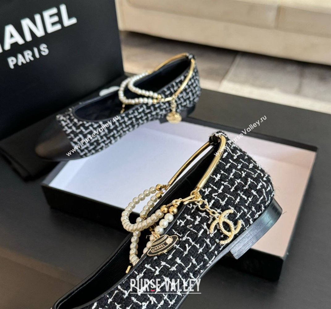 Chanel Tweed Ballet Flats with Pearls Anklet Black 2024 0603 (KL-240603003)