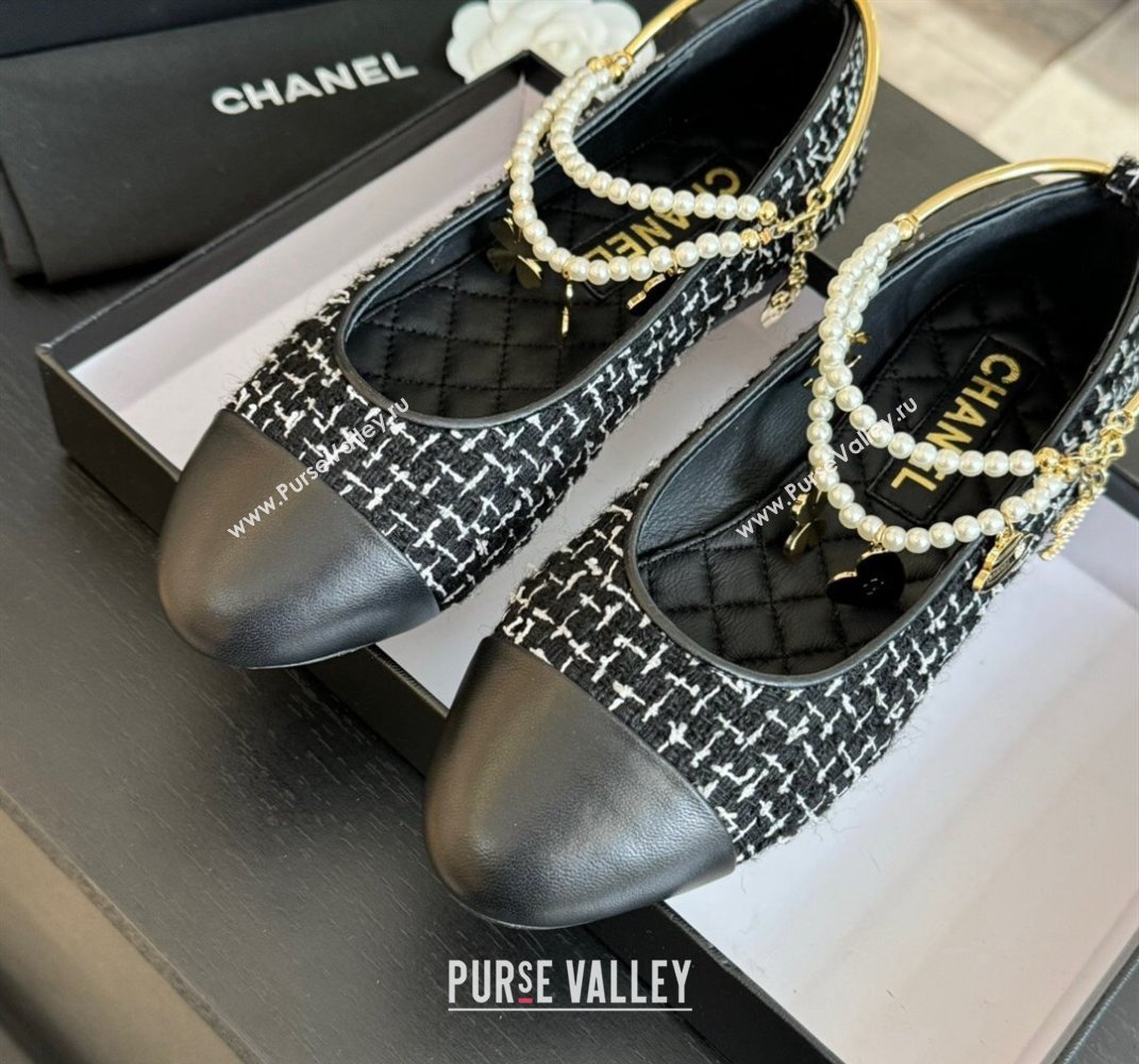 Chanel Tweed Ballet Flats with Pearls Anklet Black 2024 0603 (KL-240603003)