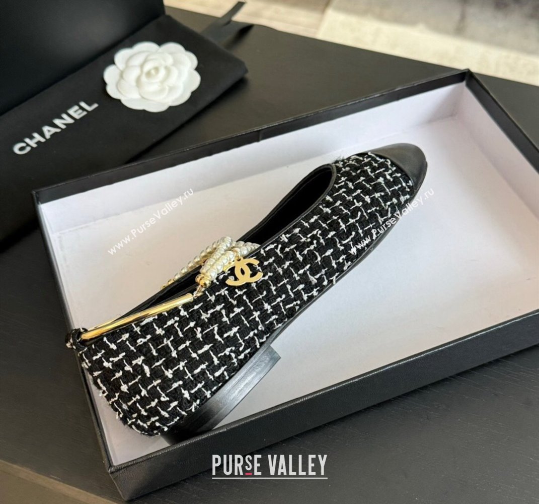 Chanel Tweed Ballet Flats with Pearls Anklet Black 2024 0603 (KL-240603003)