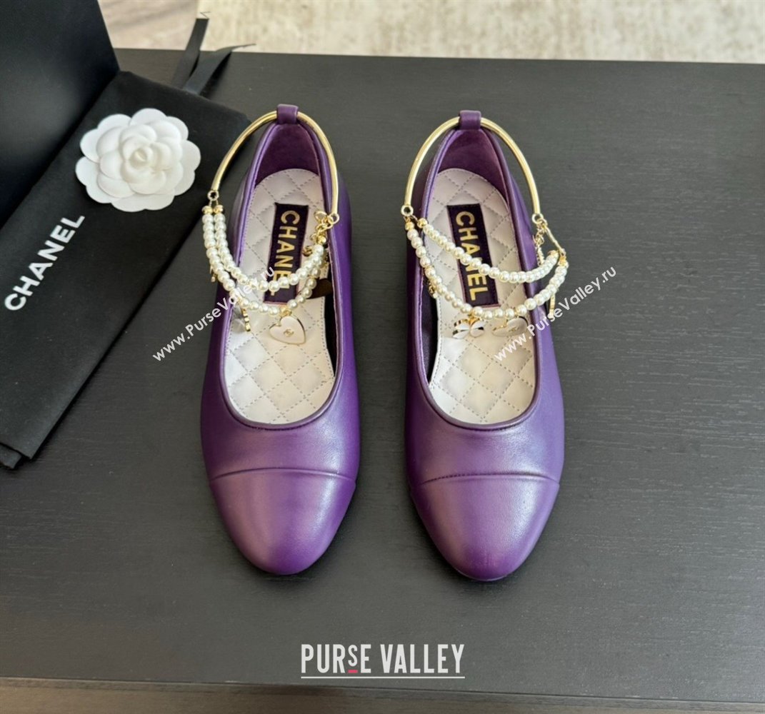 Chanel Lambskin Ballet Flats with Pearls Anklet Purple 2024 0603 (KL-240603006)