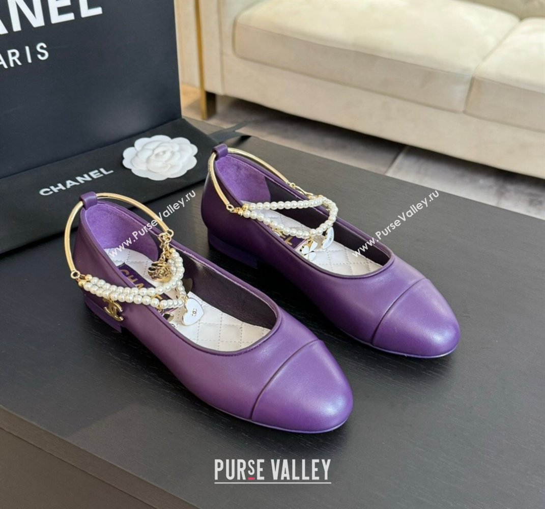 Chanel Lambskin Ballet Flats with Pearls Anklet Purple 2024 0603 (KL-240603006)