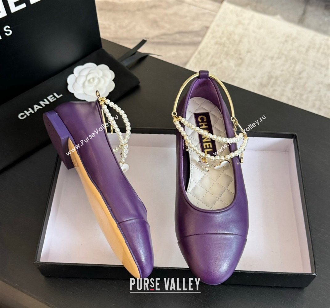 Chanel Lambskin Ballet Flats with Pearls Anklet Purple 2024 0603 (KL-240603006)