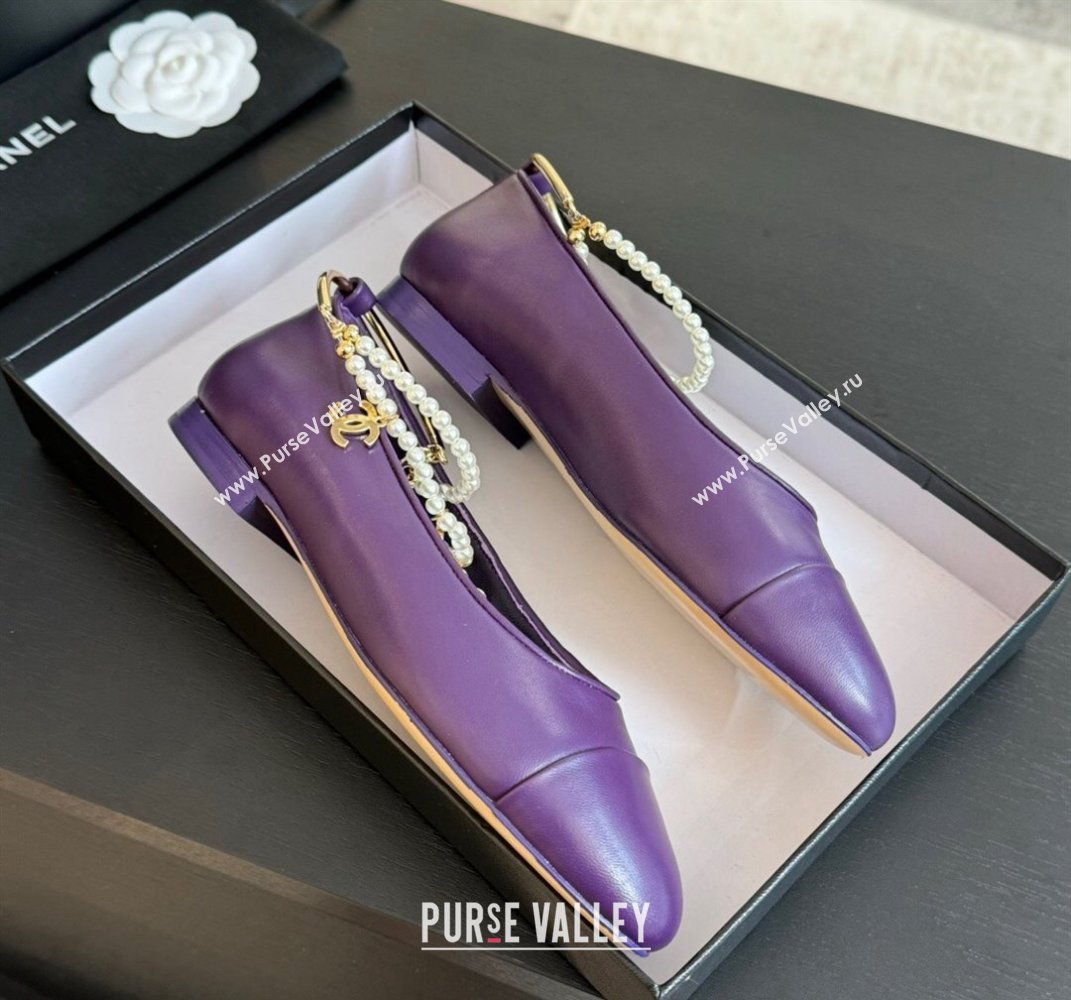 Chanel Lambskin Ballet Flats with Pearls Anklet Purple 2024 0603 (KL-240603006)