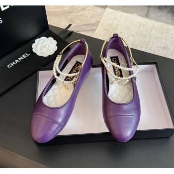Chanel Lambskin Ballet Flats with Pearls Anklet Purple 2024 0603 (KL-240603006)