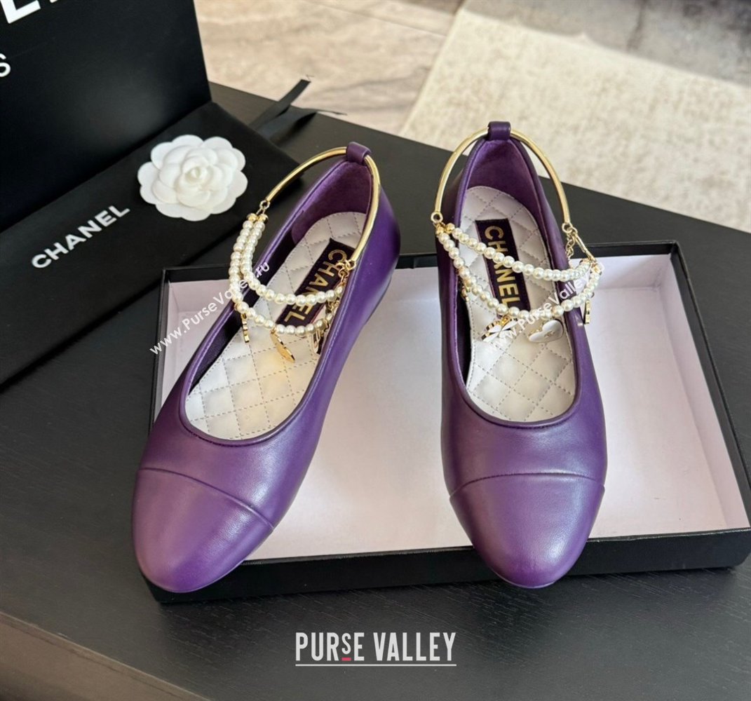 Chanel Lambskin Ballet Flats with Pearls Anklet Purple 2024 0603 (KL-240603006)