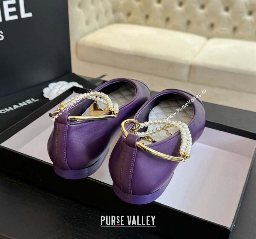 Chanel Lambskin Ballet Flats with Pearls Anklet Purple 2024 0603 (KL-240603006)