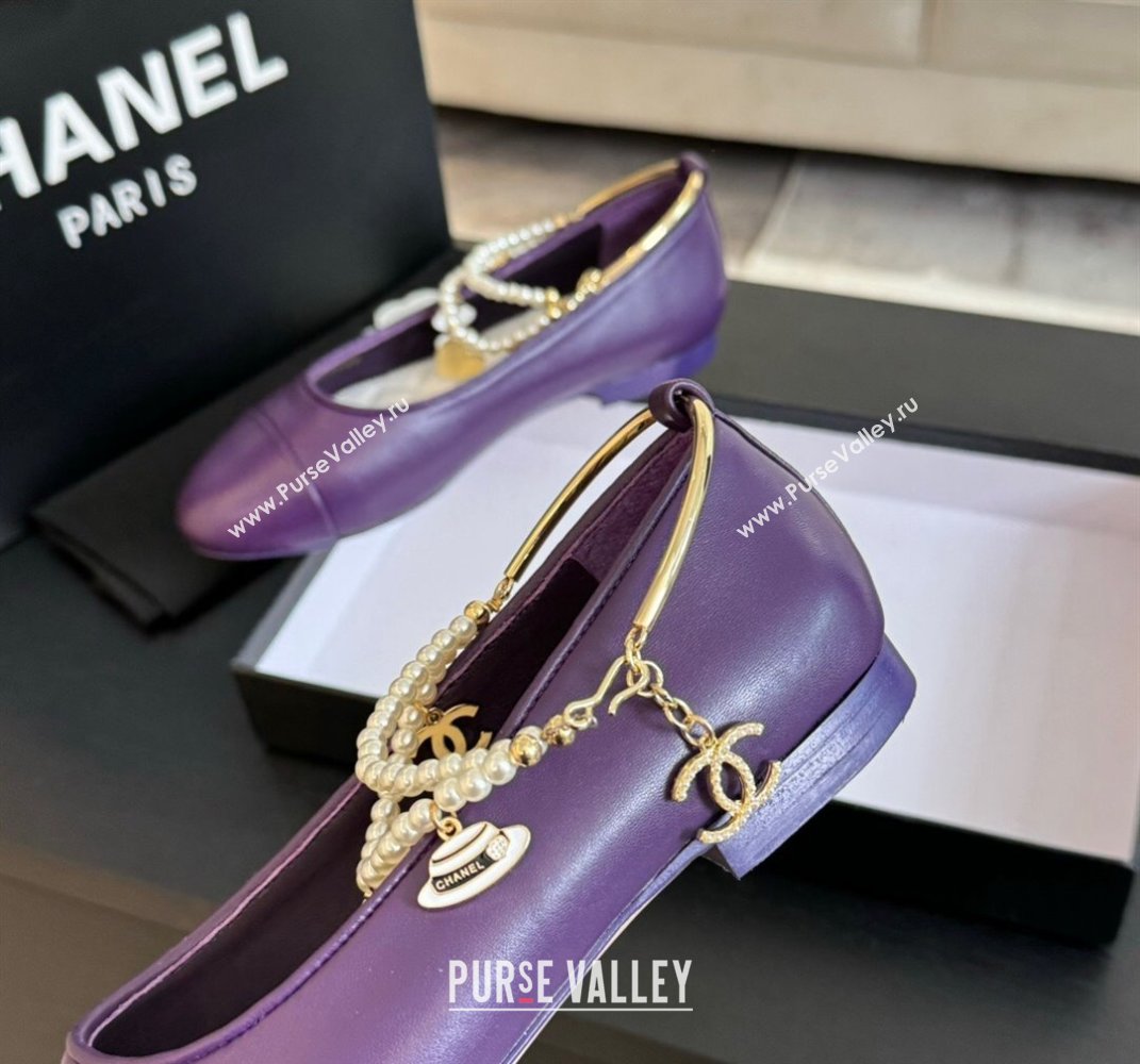 Chanel Lambskin Ballet Flats with Pearls Anklet Purple 2024 0603 (KL-240603006)