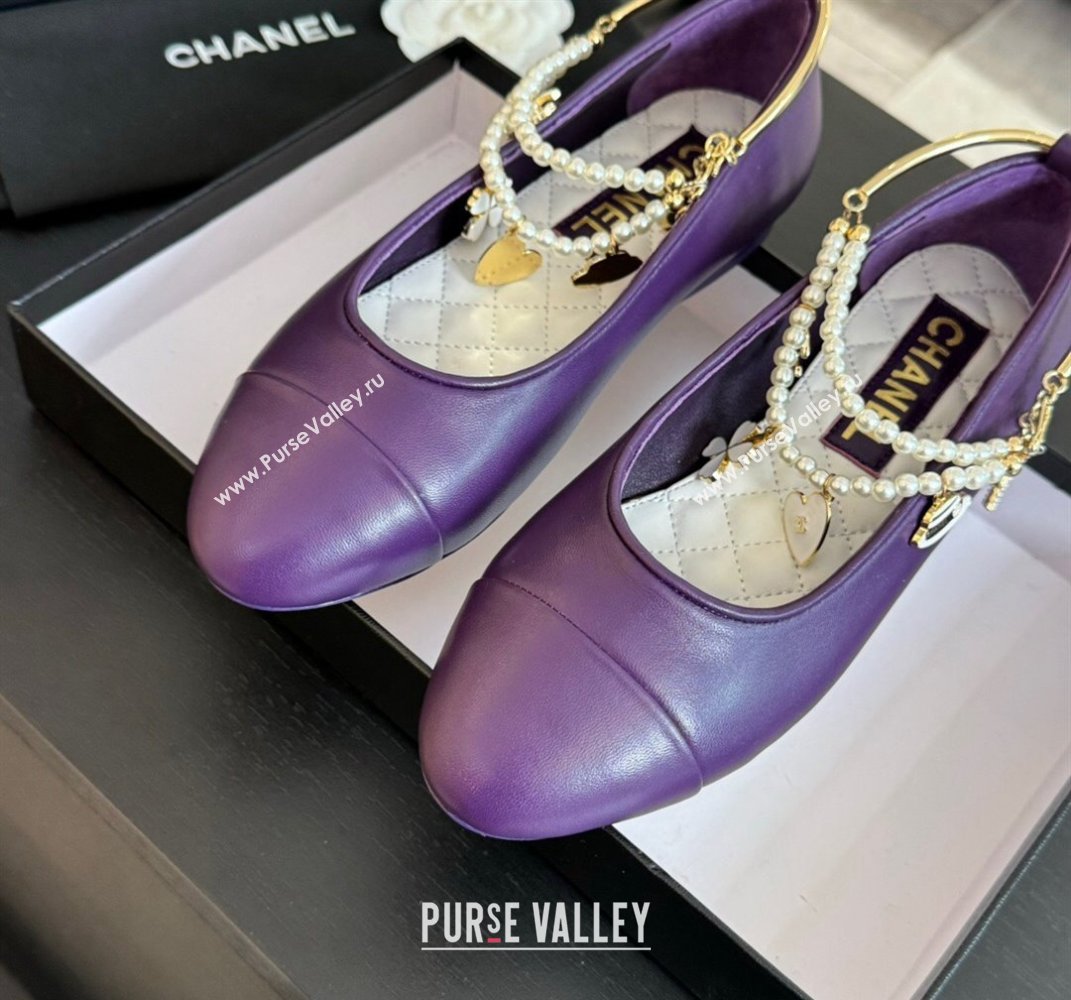 Chanel Lambskin Ballet Flats with Pearls Anklet Purple 2024 0603 (KL-240603006)