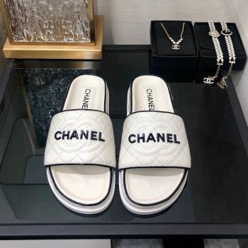 Chanel Quilted Lambskin Flat Slide Sandals with CC and Signature White 2024 (MD-240601008)