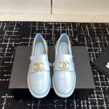 Chanel Calfskin Leather Loafers with Camellia CC G45663 Light Blue 2024 (KL-240603008)