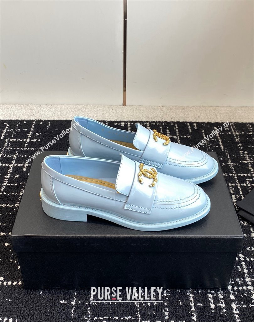 Chanel Calfskin Leather Loafers with Camellia CC G45663 Light Blue 2024 (KL-240603008)