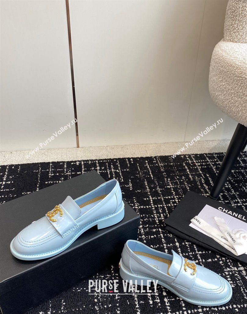 Chanel Calfskin Leather Loafers with Camellia CC G45663 Light Blue 2024 (KL-240603008)