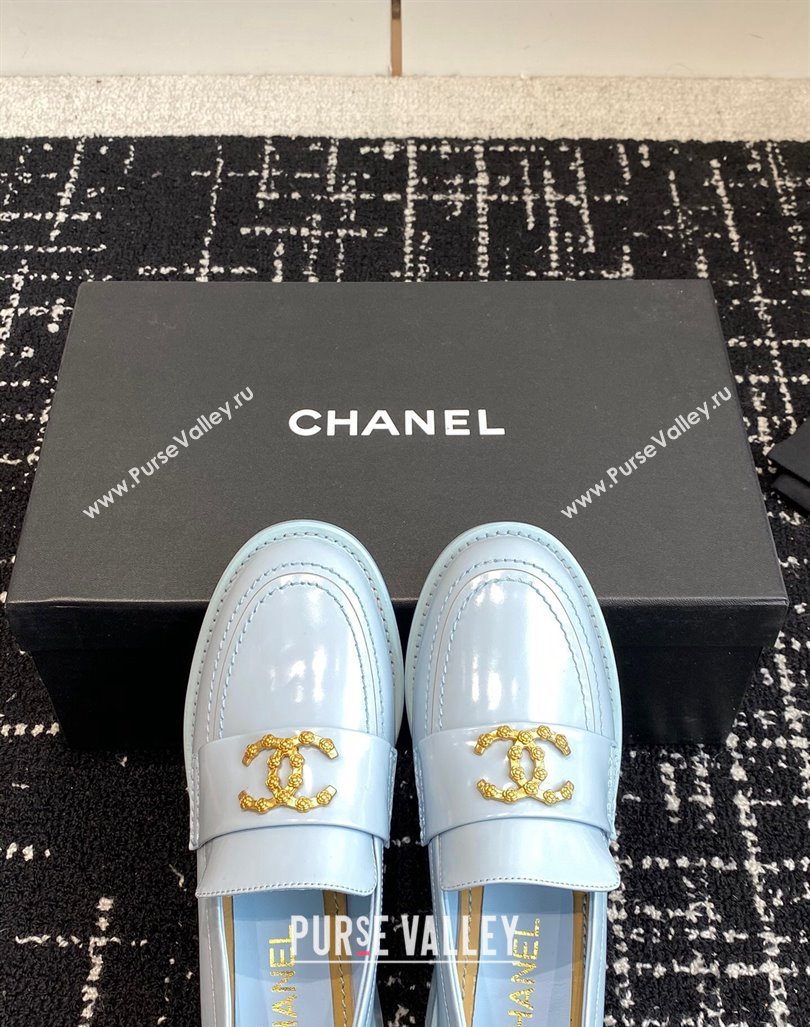 Chanel Calfskin Leather Loafers with Camellia CC G45663 Light Blue 2024 (KL-240603008)