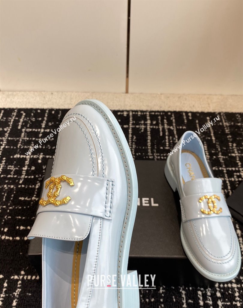 Chanel Calfskin Leather Loafers with Camellia CC G45663 Light Blue 2024 (KL-240603008)