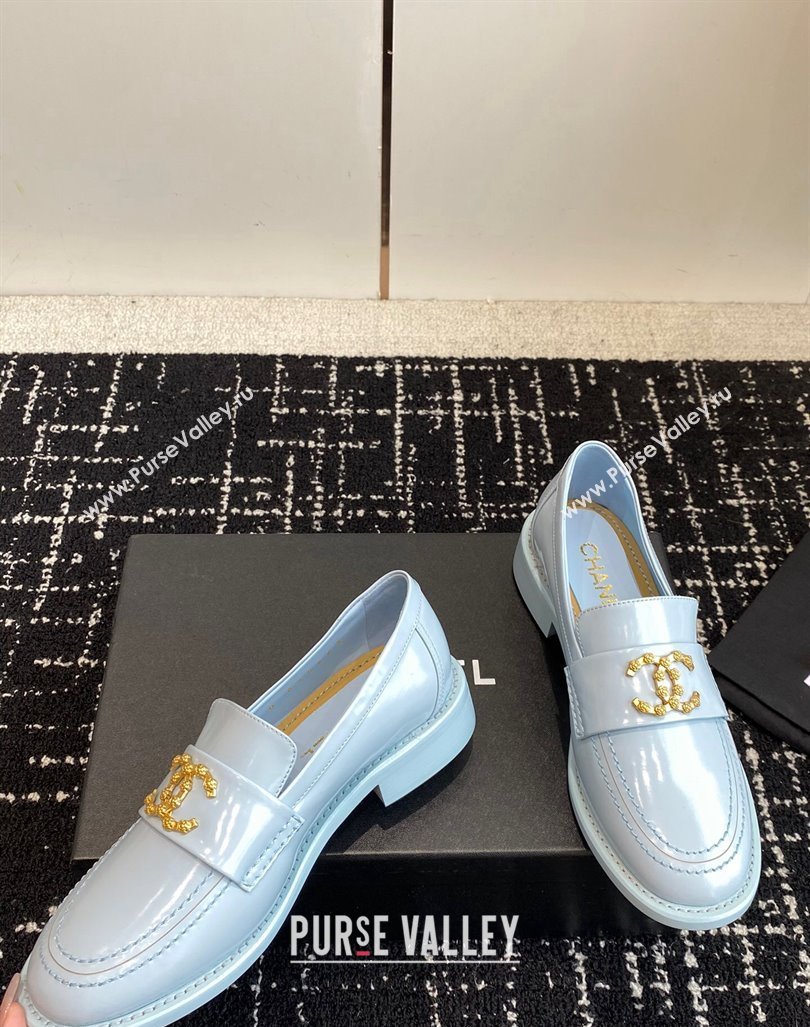 Chanel Calfskin Leather Loafers with Camellia CC G45663 Light Blue 2024 (KL-240603008)