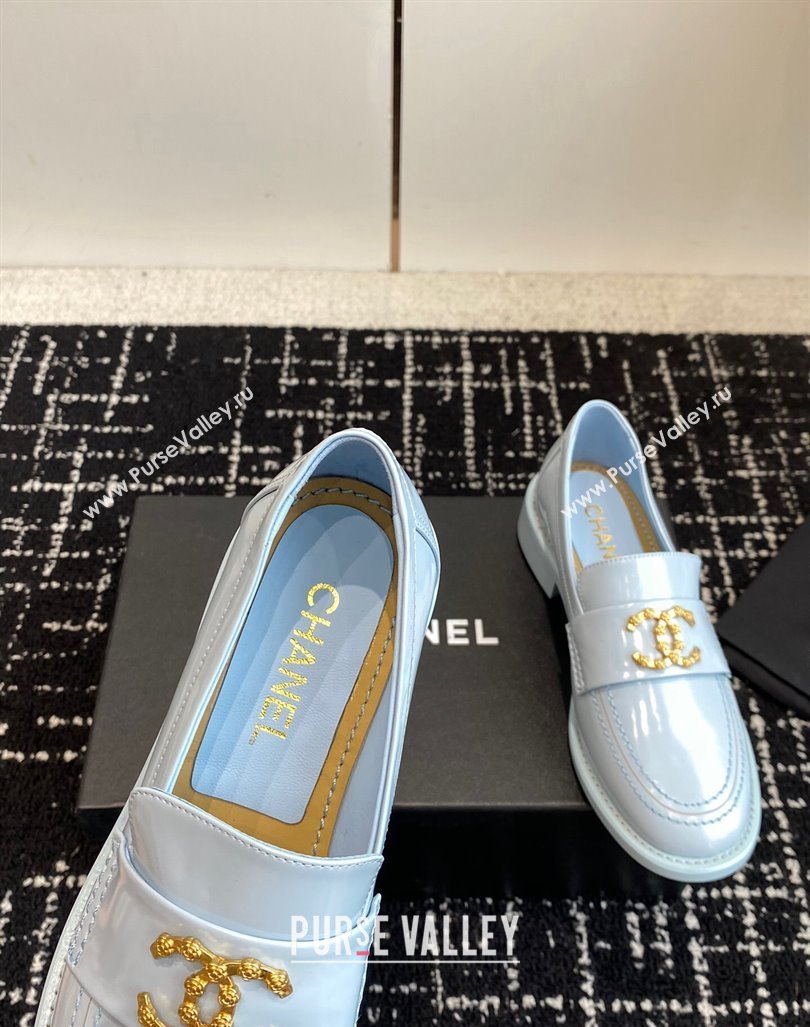 Chanel Calfskin Leather Loafers with Camellia CC G45663 Light Blue 2024 (KL-240603008)