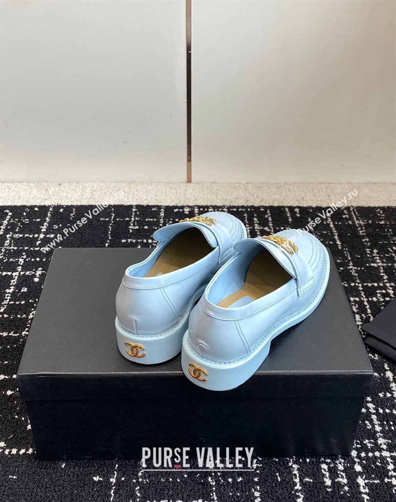 Chanel Calfskin Leather Loafers with Camellia CC G45663 Light Blue 2024 (KL-240603008)