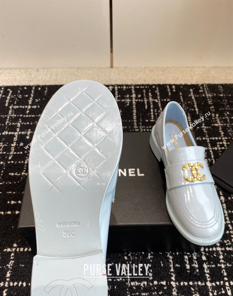 Chanel Calfskin Leather Loafers with Camellia CC G45663 Light Blue 2024 (KL-240603008)