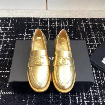 Chanel Calfskin Leather Loafers with Camellia CC G45663 Gold 2024 (KL-240603009)
