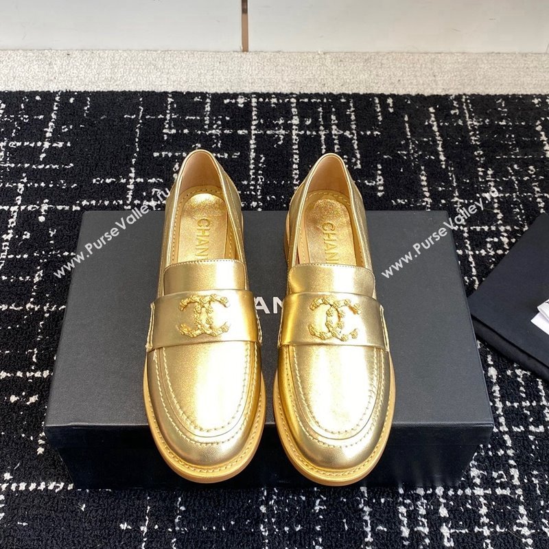 Chanel Calfskin Leather Loafers with Camellia CC G45663 Gold 2024 (KL-240603009)