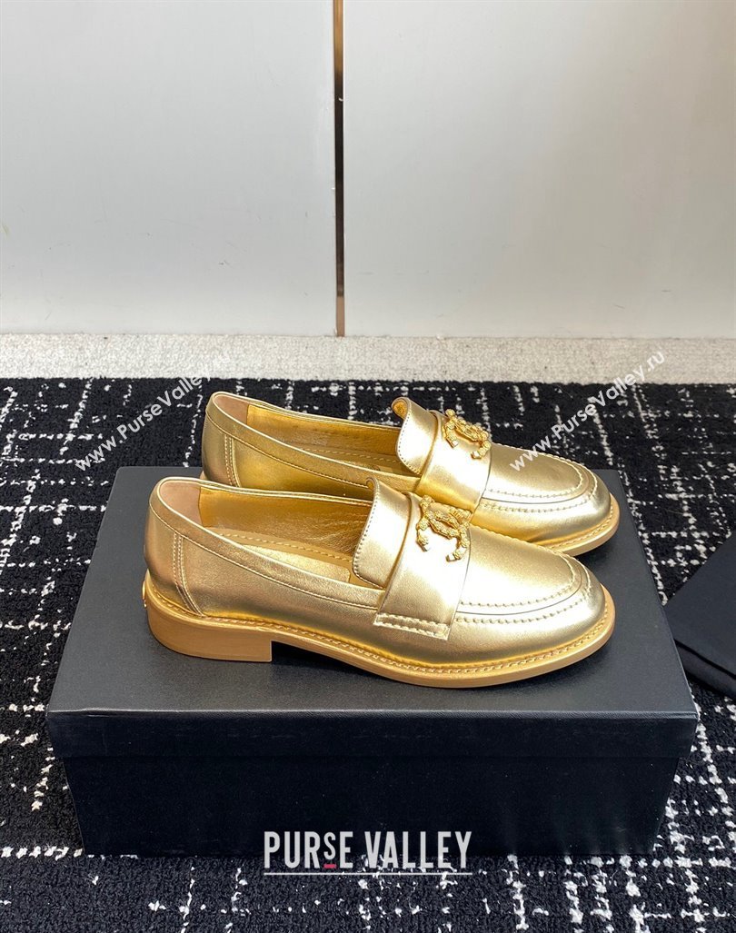 Chanel Calfskin Leather Loafers with Camellia CC G45663 Gold 2024 (KL-240603009)