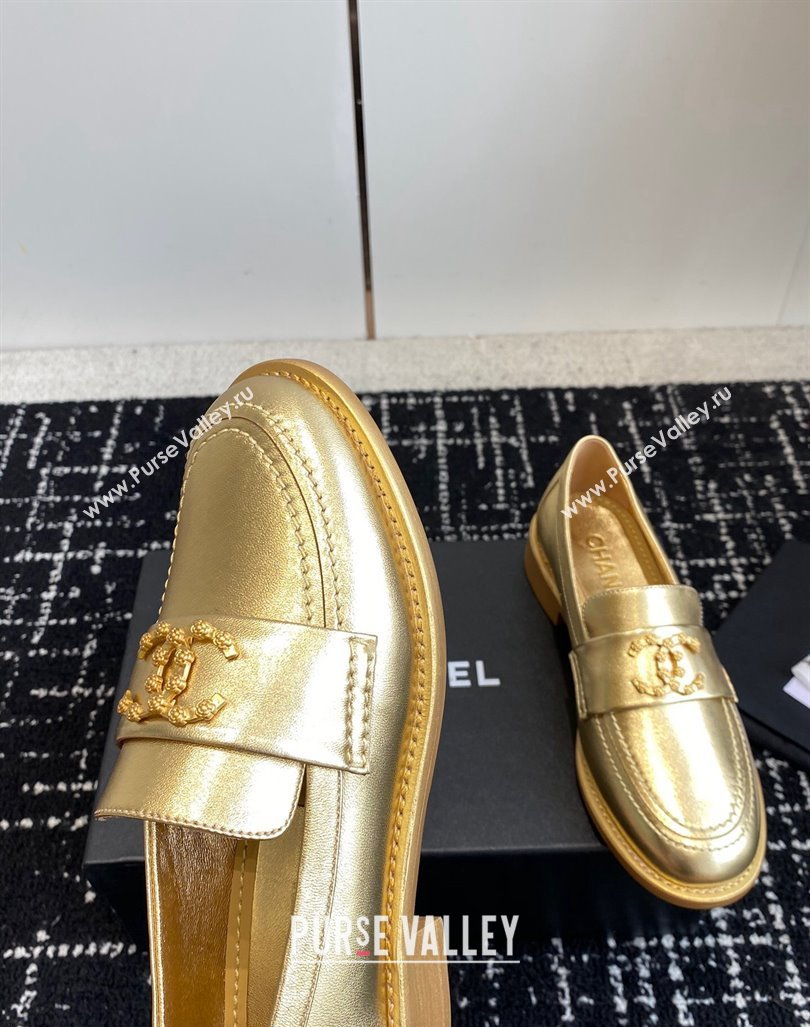 Chanel Calfskin Leather Loafers with Camellia CC G45663 Gold 2024 (KL-240603009)