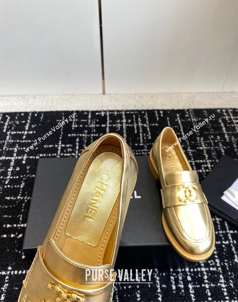 Chanel Calfskin Leather Loafers with Camellia CC G45663 Gold 2024 (KL-240603009)