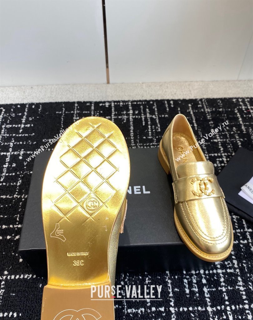 Chanel Calfskin Leather Loafers with Camellia CC G45663 Gold 2024 (KL-240603009)