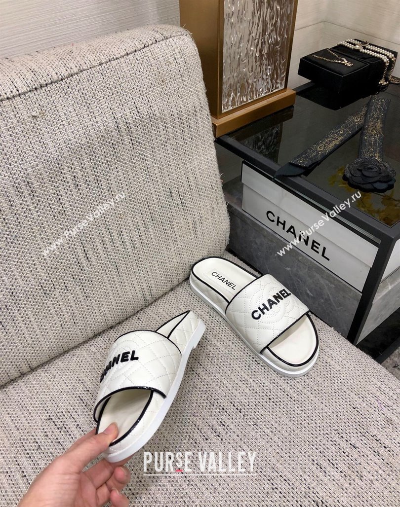 Chanel Quilted Lambskin Flat Slide Sandals with CC and Signature White 2024 (MD-240601008)