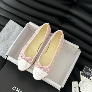 Chanel Classic Tweed Ballet Flats Light Pink 2024 0603 (KL-240603014)