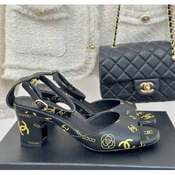 Chanel Coco Printed Lambskin Heel Sandals 6cm Black2 2024 0601 (MD-240601014)