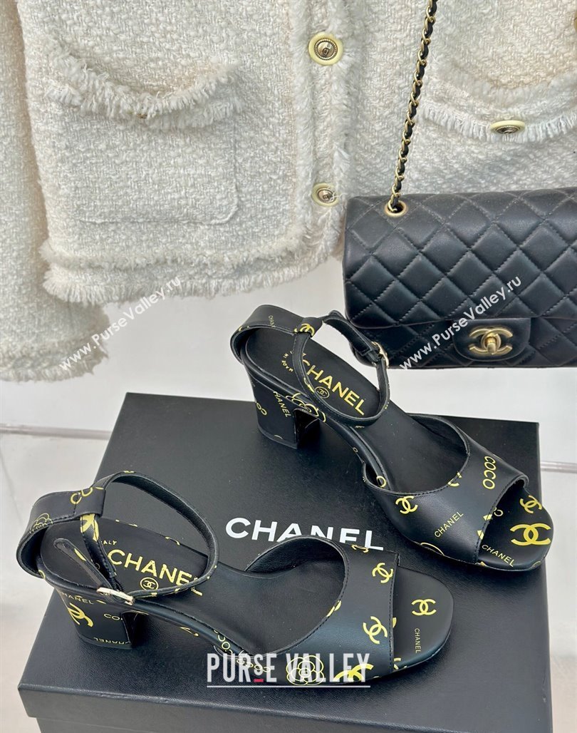 Chanel Coco Printed Lambskin Heel Sandals 6cm Black2 2024 0601 (MD-240601014)