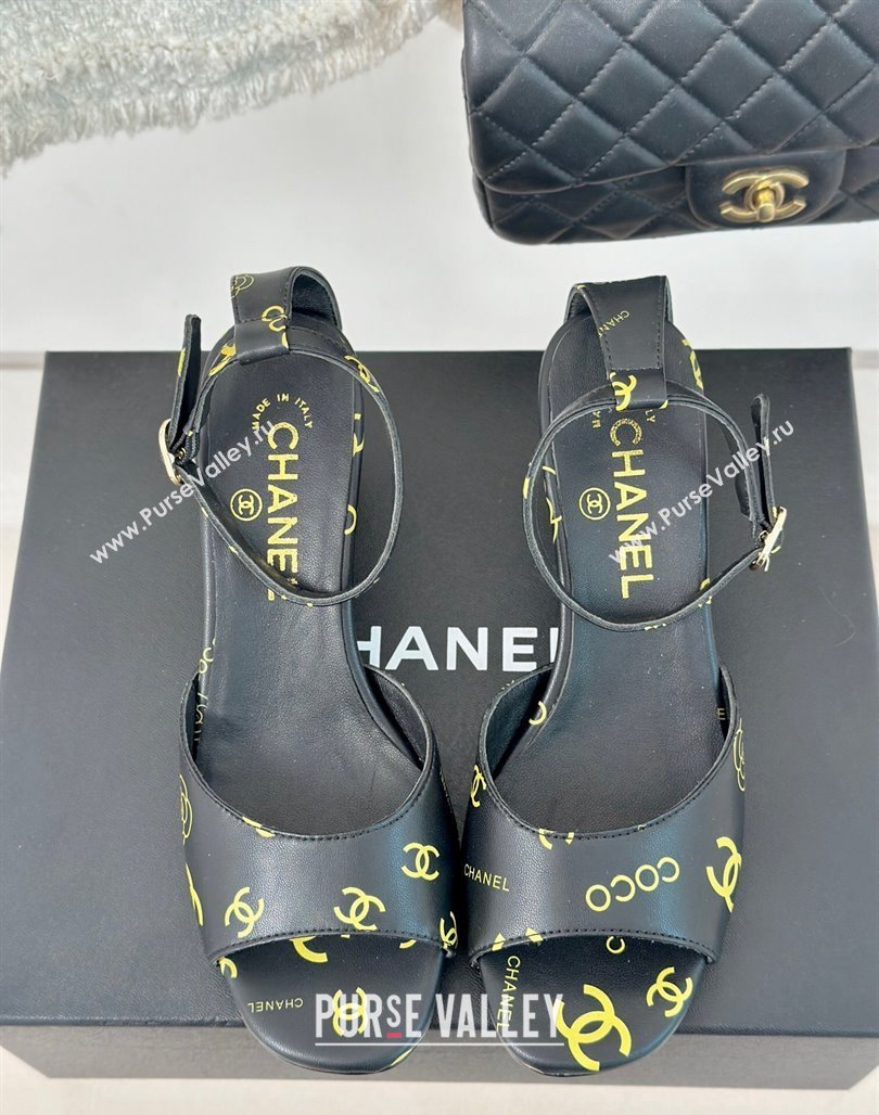 Chanel Coco Printed Lambskin Heel Sandals 6cm Black2 2024 0601 (MD-240601014)