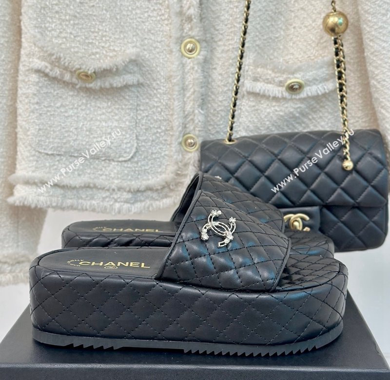 Chanel Quilted Lambskin Platform Slide Sandals with Strass CC Black 2024 0601 (MD-240601021)