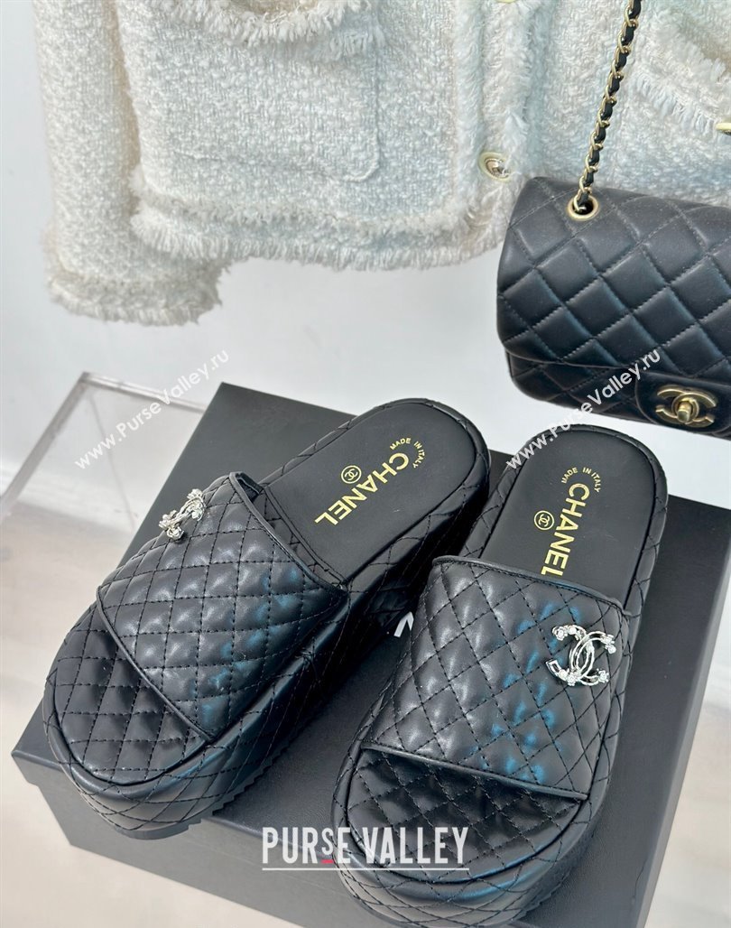 Chanel Quilted Lambskin Platform Slide Sandals with Strass CC Black 2024 0601 (MD-240601021)