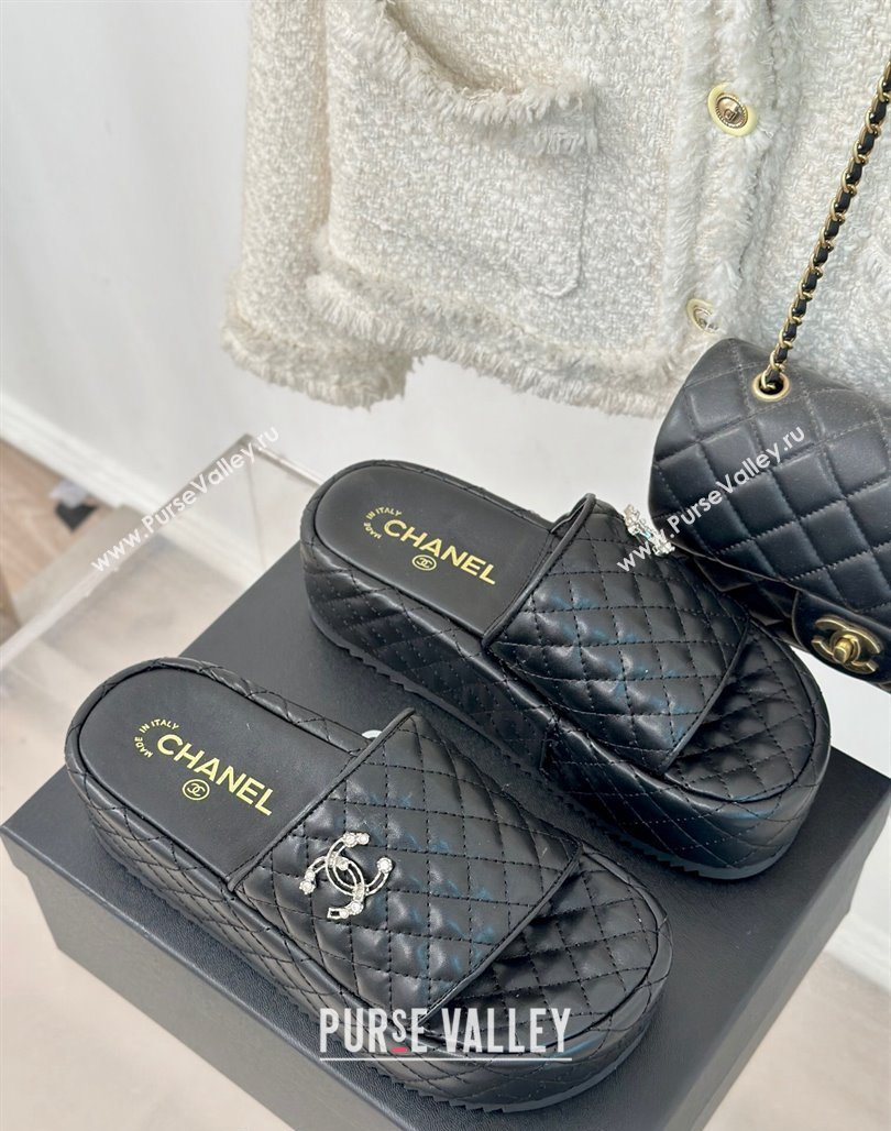 Chanel Quilted Lambskin Platform Slide Sandals with Strass CC Black 2024 0601 (MD-240601021)