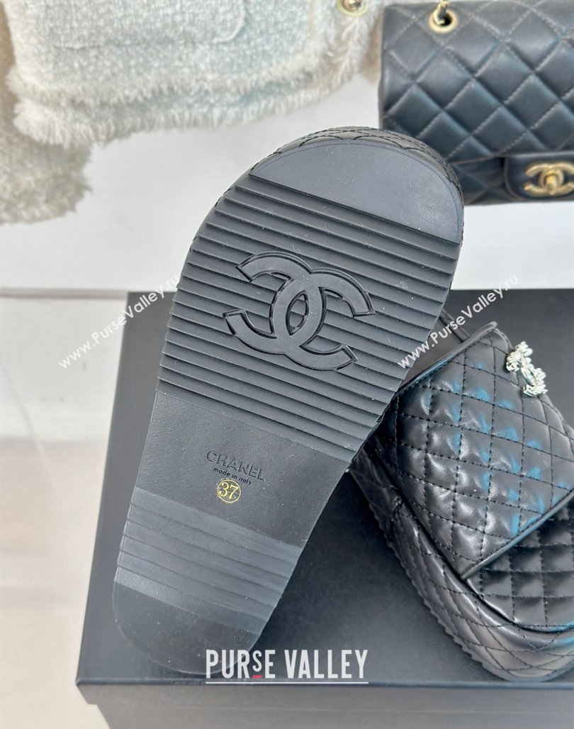 Chanel Quilted Lambskin Platform Slide Sandals with Strass CC Black 2024 0601 (MD-240601021)