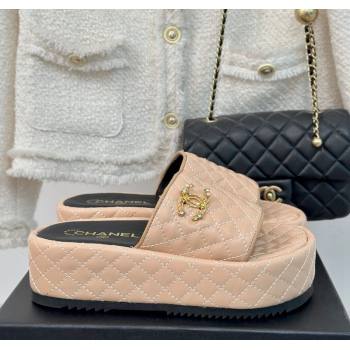 Chanel Quilted Lambskin Platform Slide Sandals with Strass CC Beige 2024 0601 (MD-240601022)