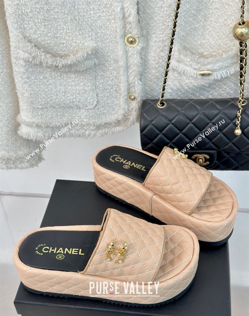 Chanel Quilted Lambskin Platform Slide Sandals with Strass CC Beige 2024 0601 (MD-240601022)