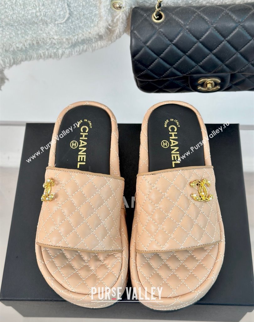 Chanel Quilted Lambskin Platform Slide Sandals with Strass CC Beige 2024 0601 (MD-240601022)