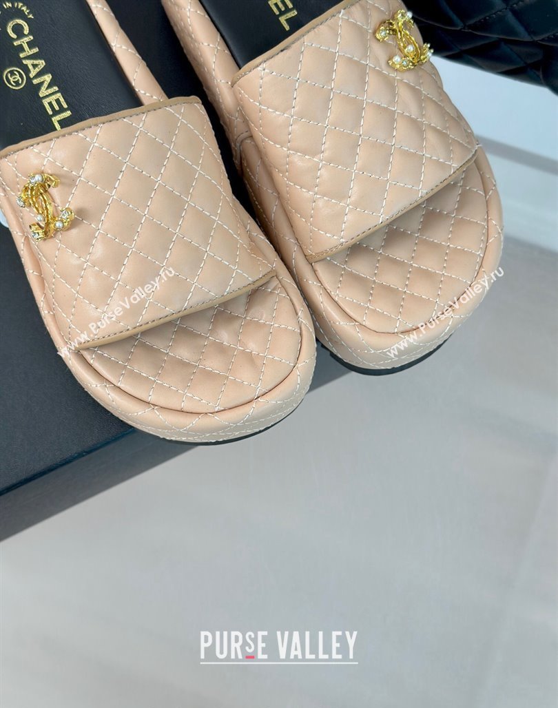 Chanel Quilted Lambskin Platform Slide Sandals with Strass CC Beige 2024 0601 (MD-240601022)