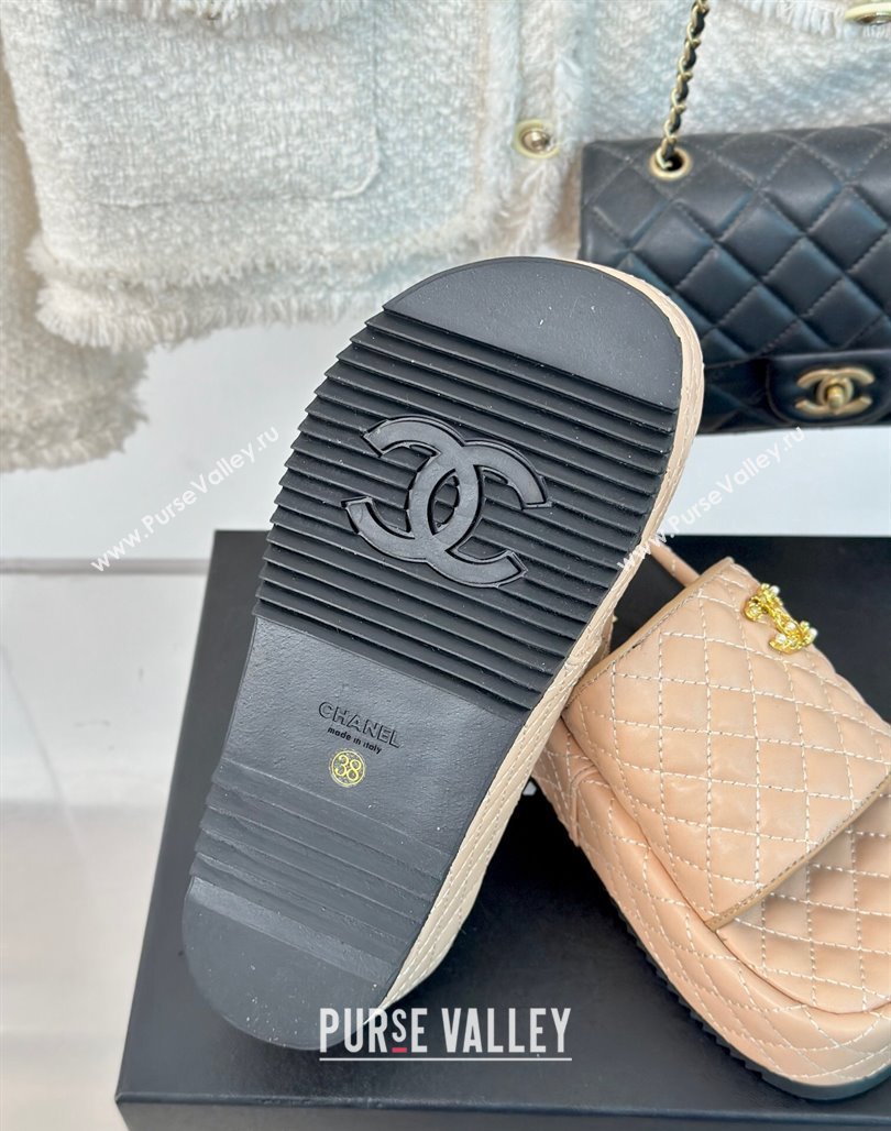 Chanel Quilted Lambskin Platform Slide Sandals with Strass CC Beige 2024 0601 (MD-240601022)