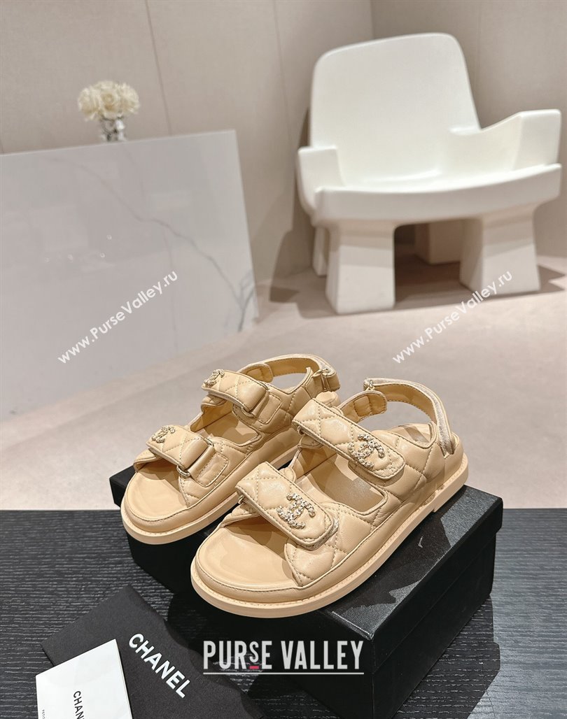 Chanel Quilted Lambskin Strap Flat Sandals with Chain CC Beige 2 2024 0601 (MD-240601024)