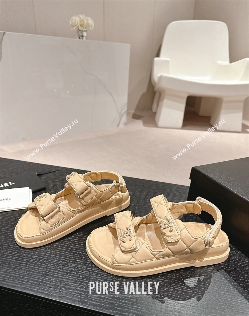 Chanel Quilted Lambskin Strap Flat Sandals with Chain CC Beige 2 2024 0601 (MD-240601024)