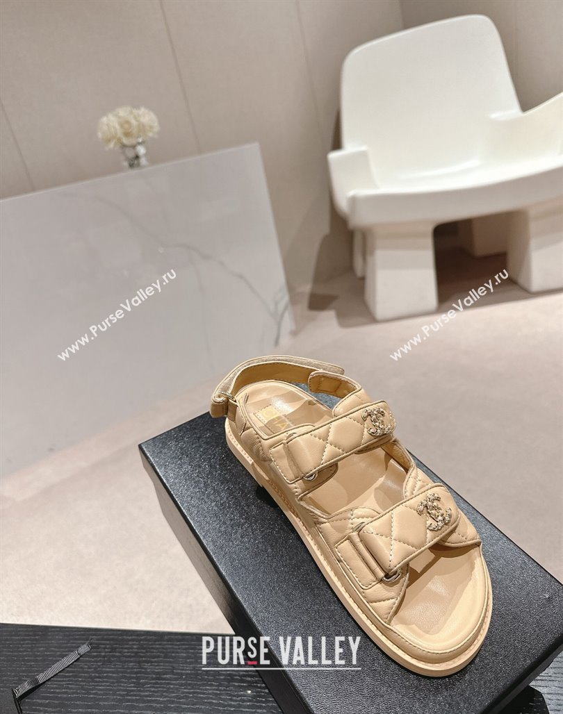 Chanel Quilted Lambskin Strap Flat Sandals with Chain CC Beige 2 2024 0601 (MD-240601024)