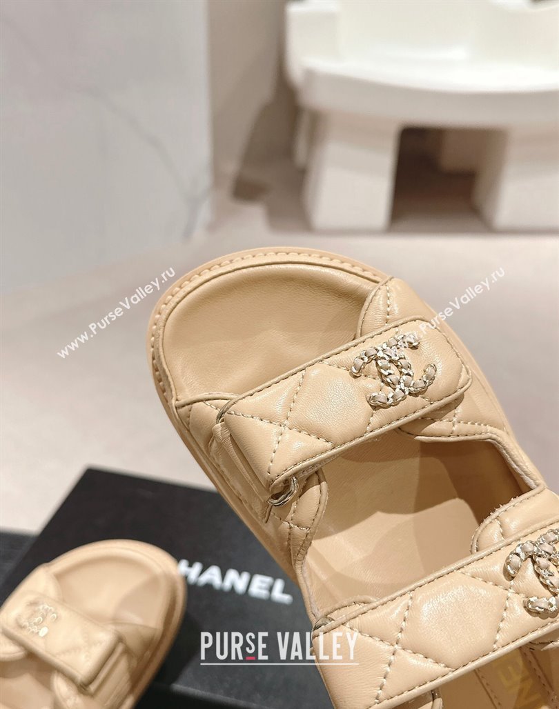 Chanel Quilted Lambskin Strap Flat Sandals with Chain CC Beige 2 2024 0601 (MD-240601024)