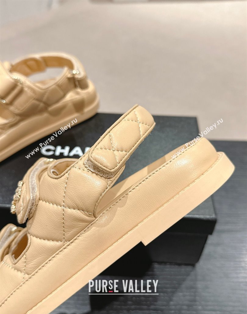 Chanel Quilted Lambskin Strap Flat Sandals with Chain CC Beige 2 2024 0601 (MD-240601024)